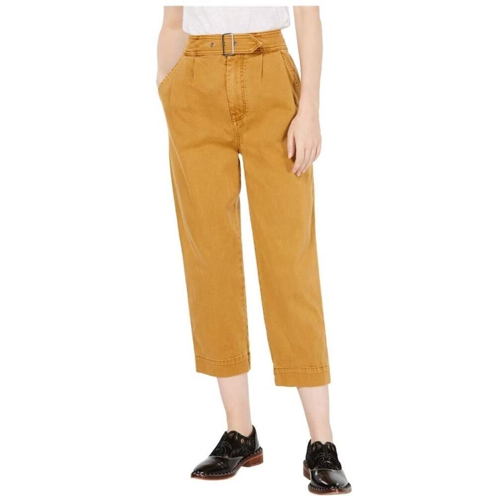 Free People Khaki Belted High Rise Pants Size 6 Cropped Straight Leg Utility Gru